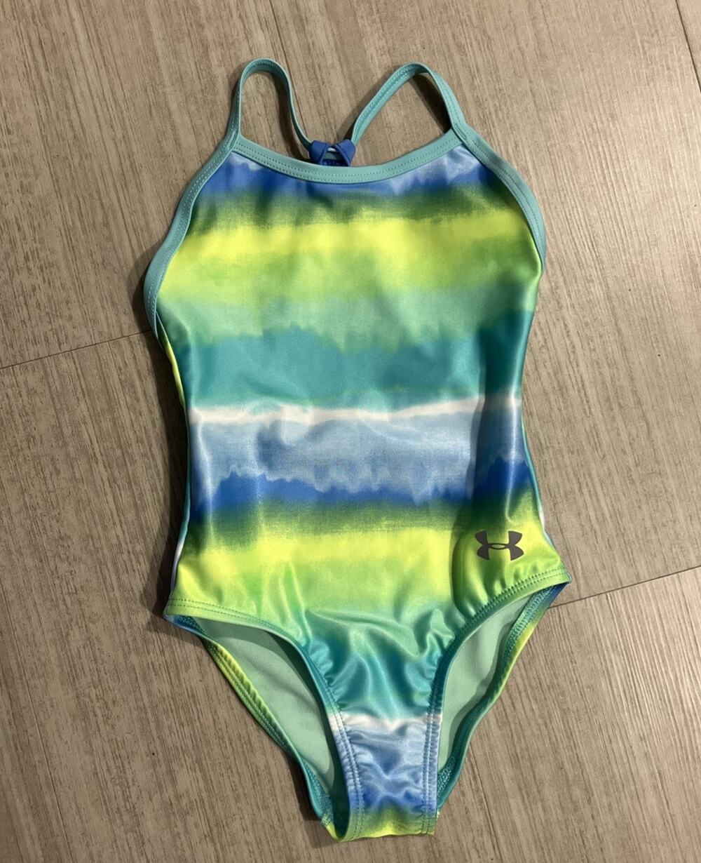 UNDER ARMOUR Toddler Girls Racer One Piece Swimsuit Blue Green UPS 50 Size 3T